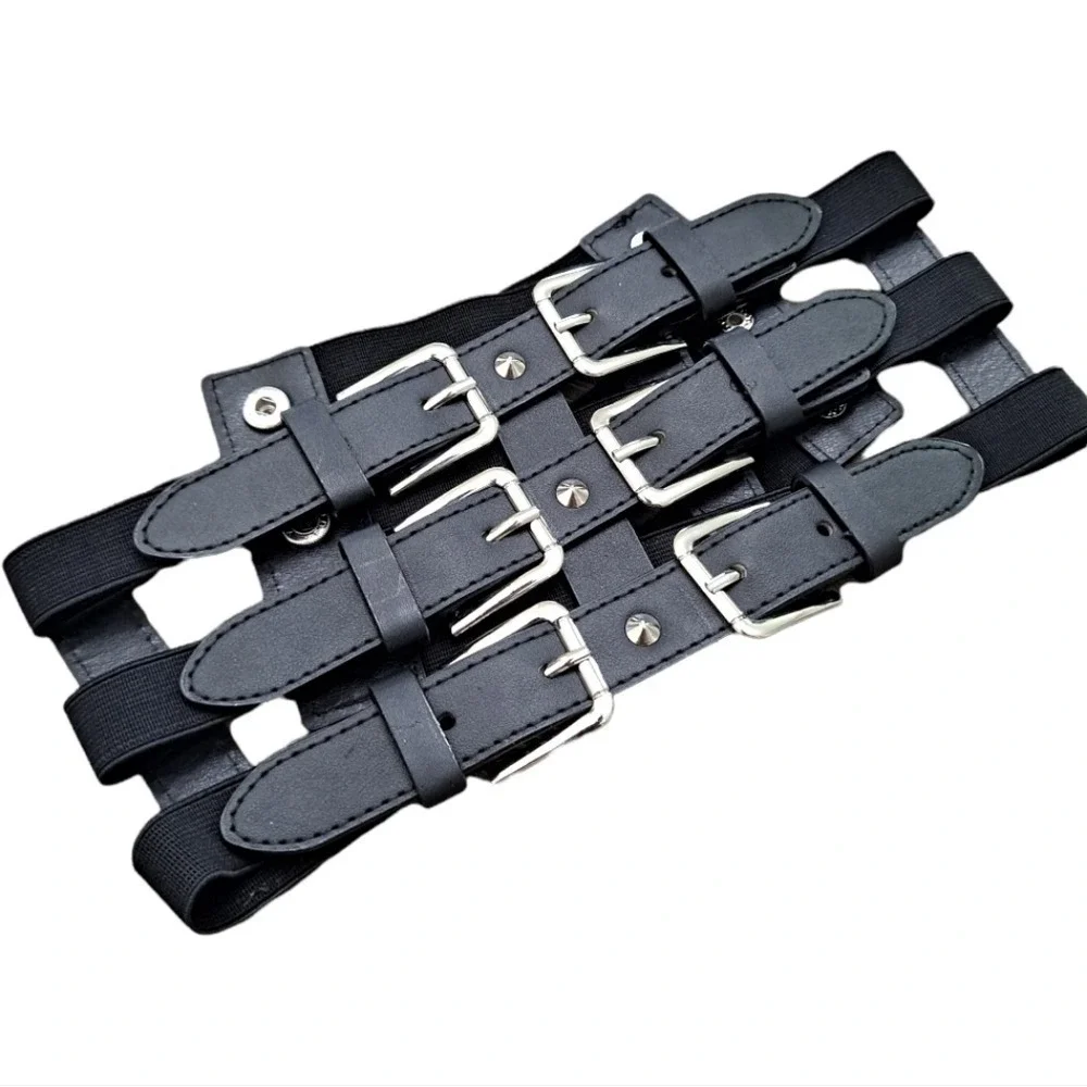 Faux leather Wide corset waist Black Belt studded Goth punk Triple buckle